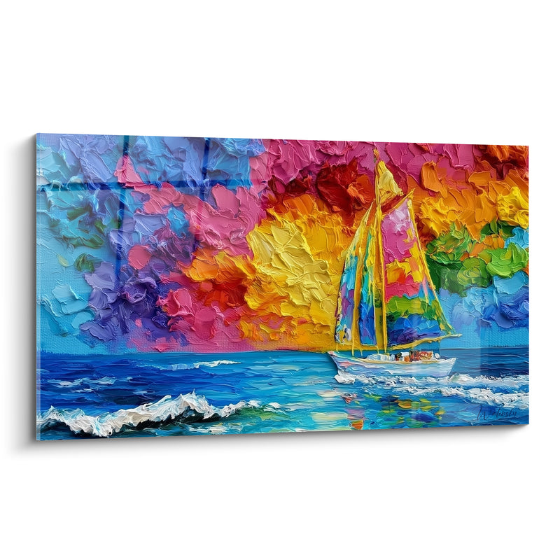 Tableau Voilier blanc aux voiles multicolores - Évasion flamboyante - Edition Bateau abstrait