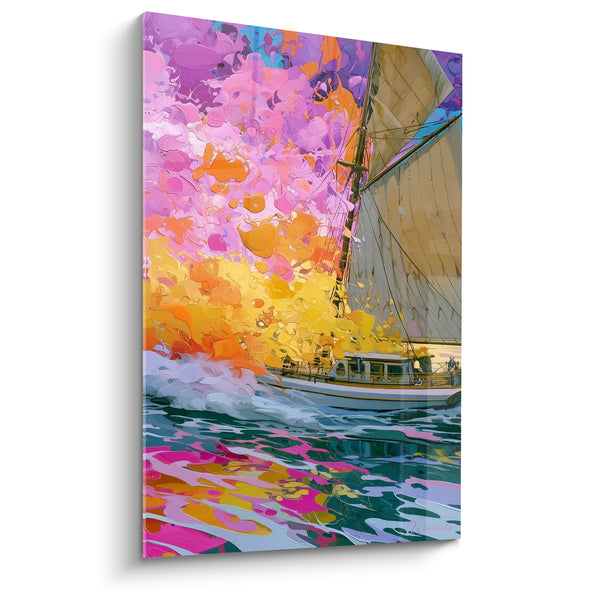 Cuadro de Velero beige con velas rosa y amarilla vibrante - Reflejos en agua verde - Edición Barco abstracto