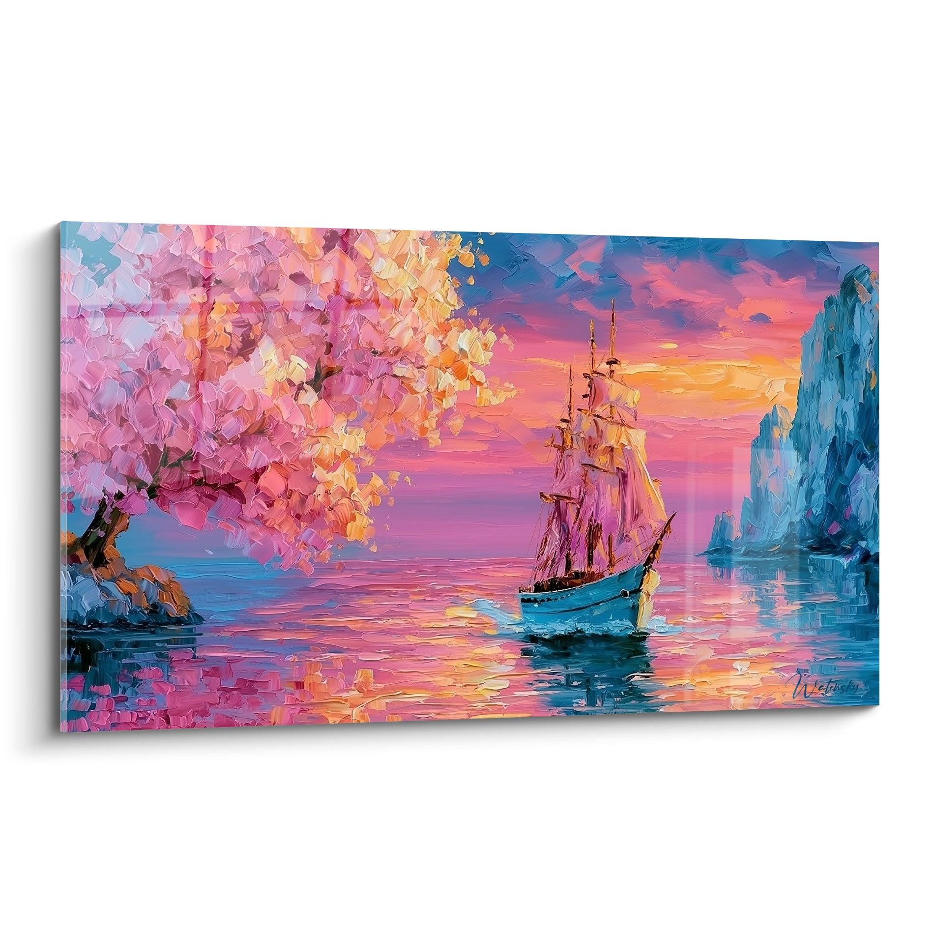 Voilier ancien voguant sur une eau rose et orangée entre falaise turquoise et arbre fleuri