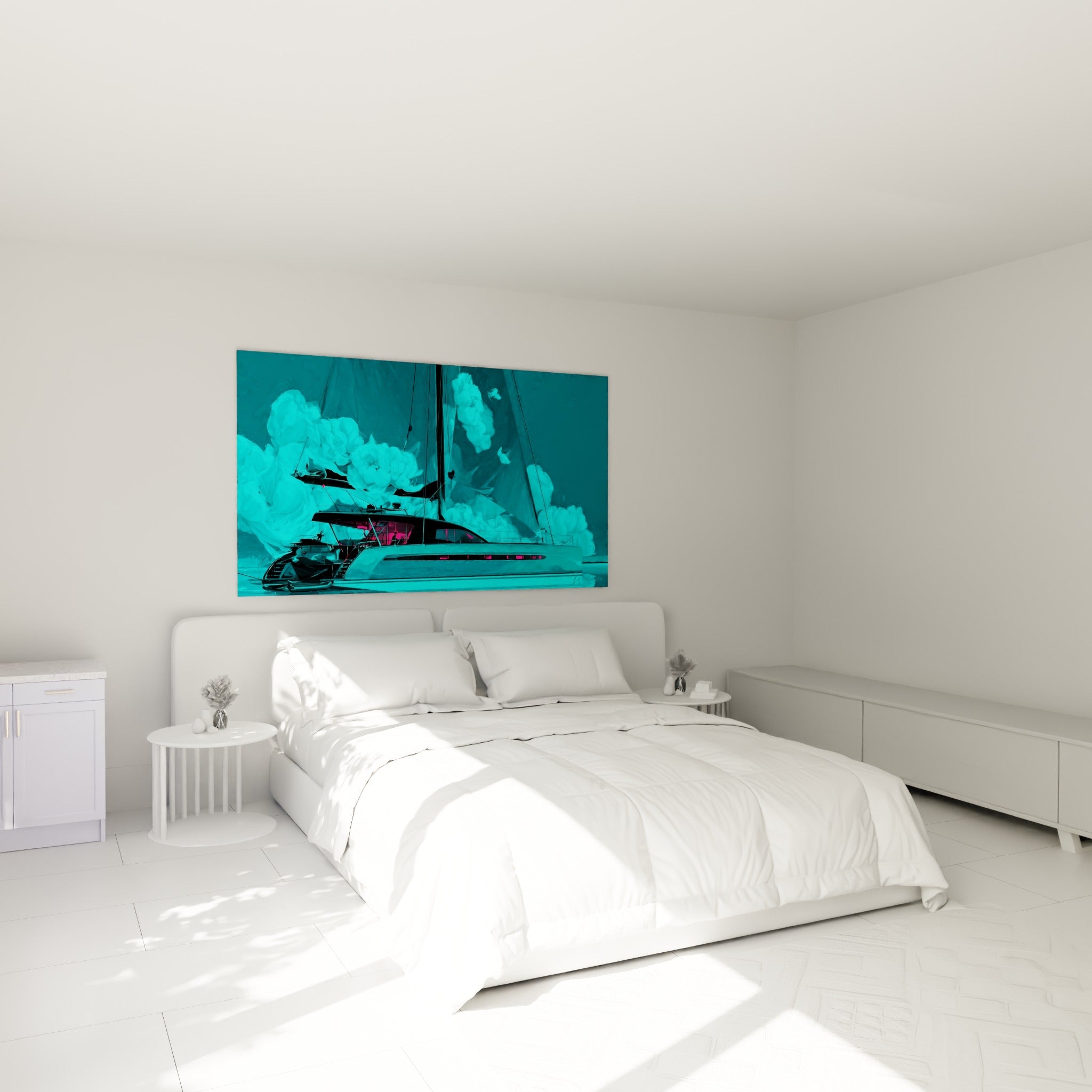Voilier cyan aux reflets fuchsia traversant une brume nocturne, tableau bateau abstrait au-dessus d'un lit dans une chambre claire