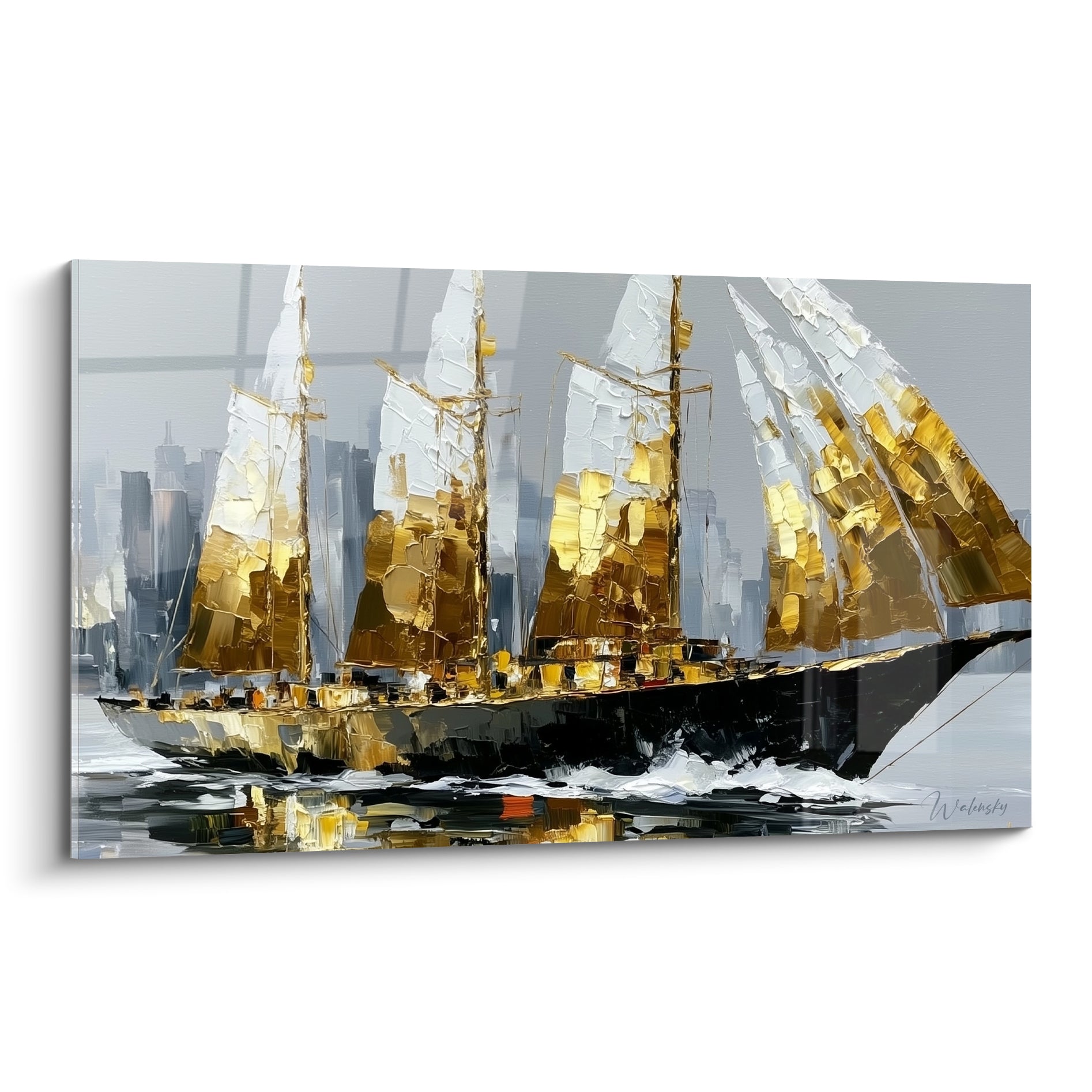 Voilier abstrait doré et anthracite aux voiles gonflées, coque noire fendant des flots gris.