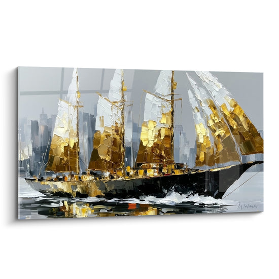 Voilier abstrait doré et anthracite aux voiles gonflées, coque noire fendant des flots gris.