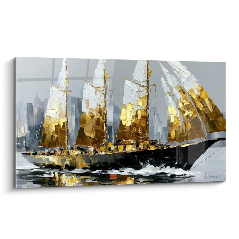Tableau Voilier doré aux voiles gonflées - Traversée triomphale - Edition Bateau abstrait