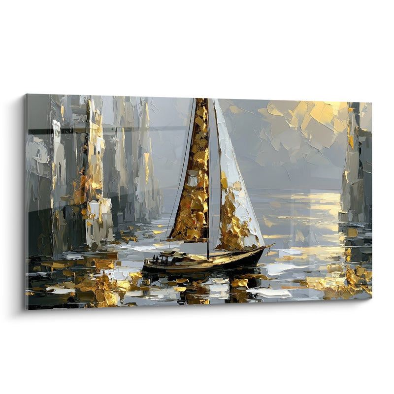 Tableau Voilier gris et doré entre colonnes verticales - Silhouettes à bord - Edition Bateau abstrait