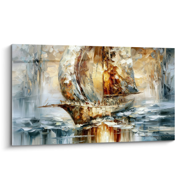 Cuadro de Velero gris y dorado con velas texturizadas gruesas - Reflejo dorado sobre el agua - Edición Barco abstracto