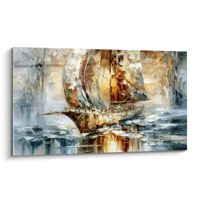 Tableau Voilier gris et doré aux voiles texturées épaisses - Reflet doré sur l'eau - Edition Bateau abstrait