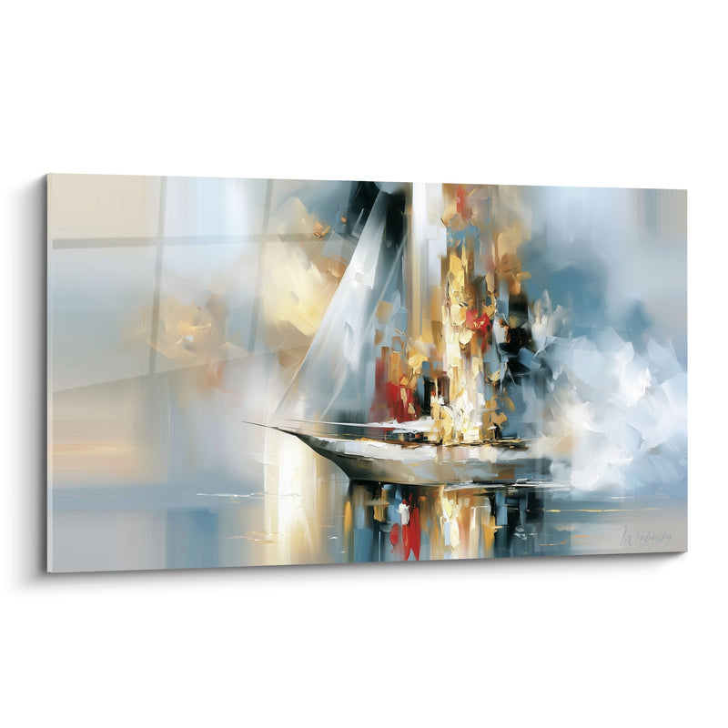 Tableau Voilier blanc et doré aux fragments architecturaux - Reflet miroitant sur l'eau - Edition Bateau abstrait