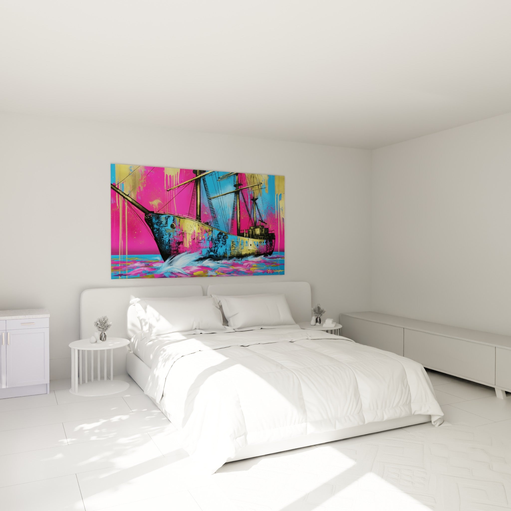 Navire graphique rose fuchsia et bleu cobalt accroché au-dessus d'un lit dans une chambre claire