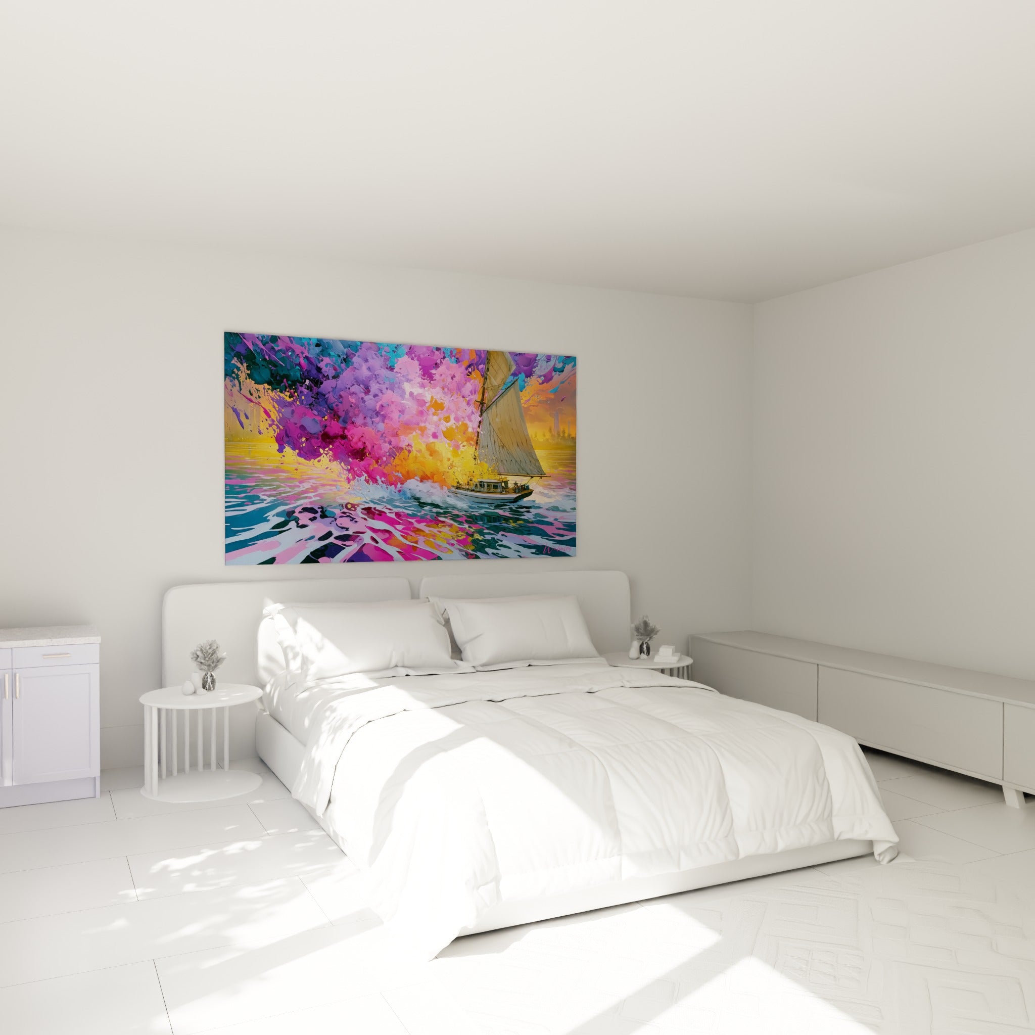 Explosion rose et orange derrière un voilier beige, tableau Bateau abstrait au-dessus d'un lit dans une chambre claire