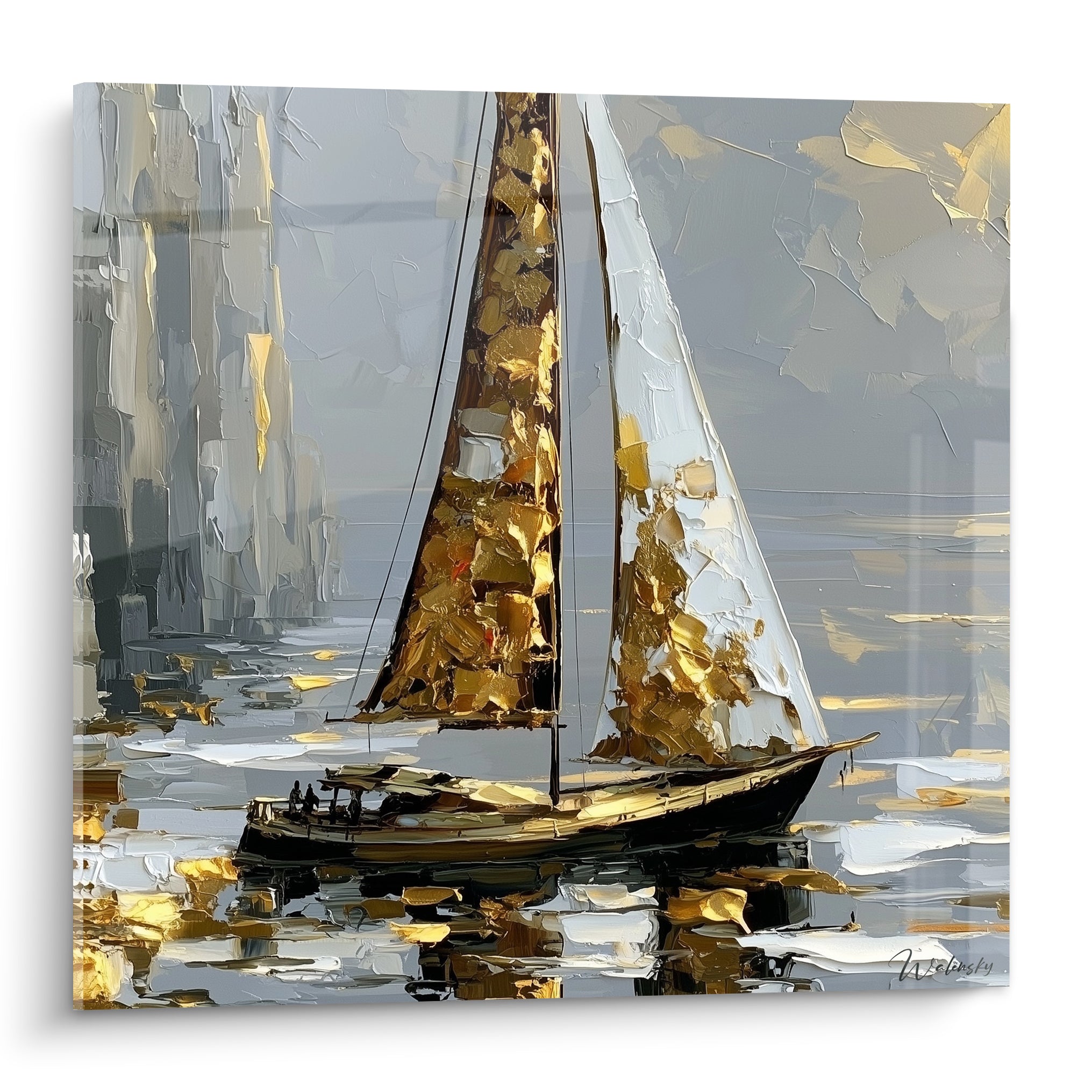 Voilier abstrait gris et doré aux voiles texturées glissant sur une mer argentée immobile