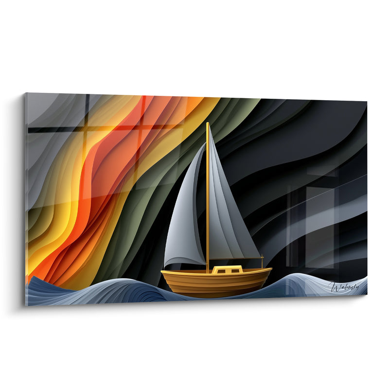 Tableau Voilier doré entre vagues noires et flammes - Cap vers la lumière - Edition Bateau abstrait