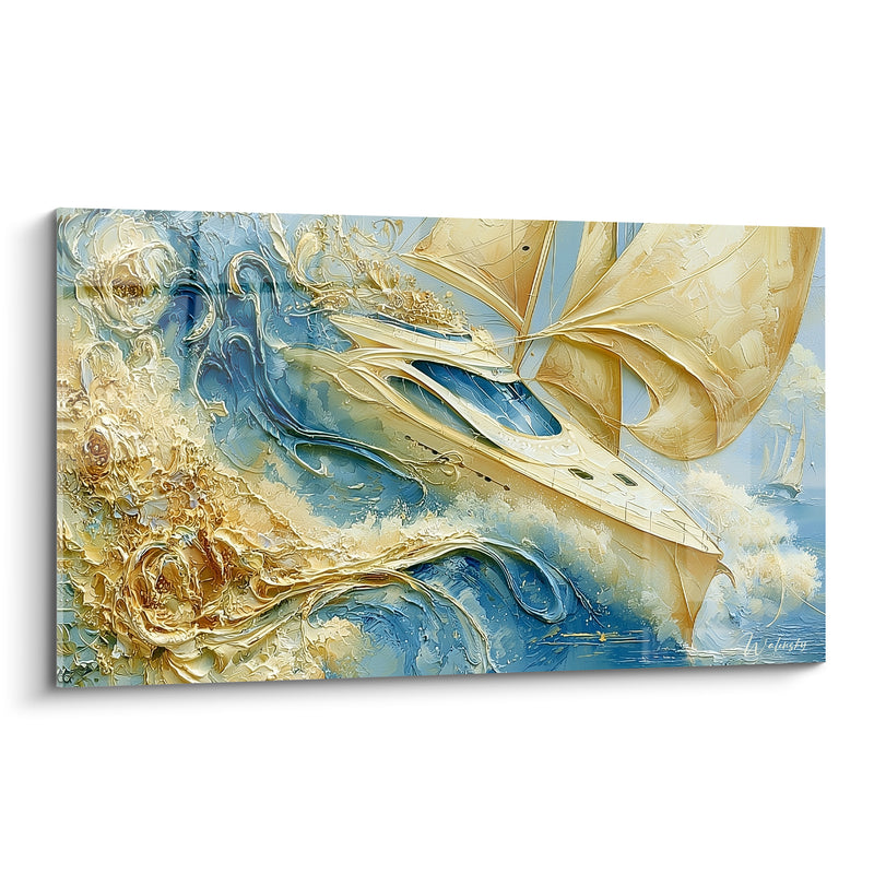 Tableau Yacht doré et bleu aux volutes florales - Hublots ovales bleutés - Edition Bateau abstrait