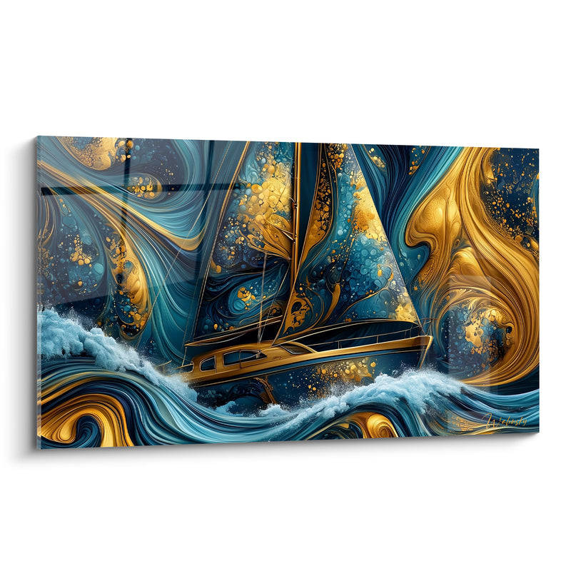 Tableau Voilier doré aux vagues bleu marine - Traversée tourmentée - Edition Bateau abstrait