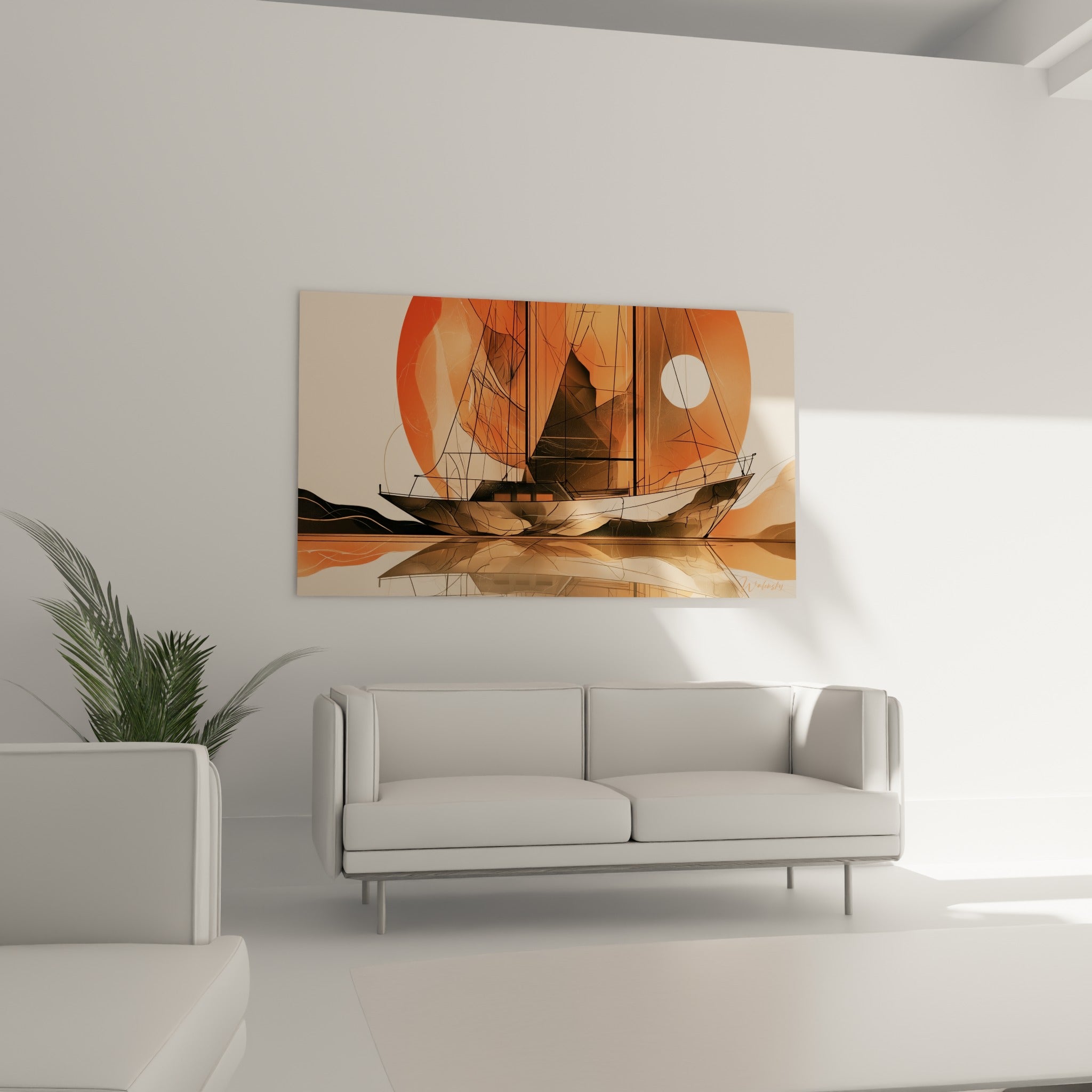 Bateau ancien esquissé en noir sur fond orangé, accroché au-dessus d'un canapé dans un salon lumineux