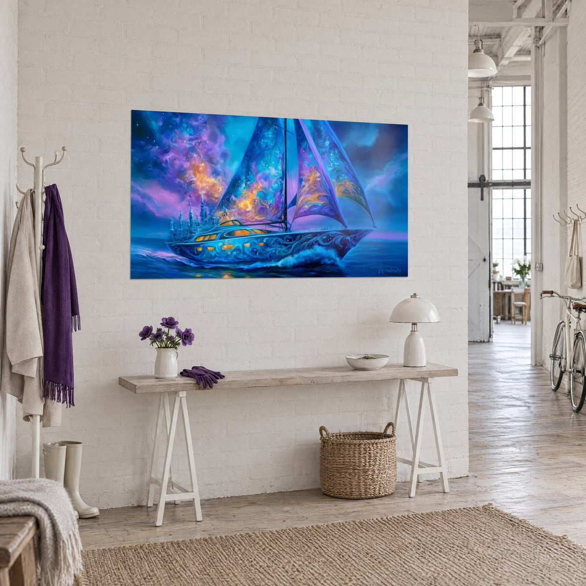 Quadro fantastico yacht dalle vele marmorizzate viola e arancio, città a guglie sullo sfondo, visto di tre quarti su parete bianca