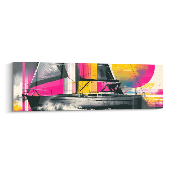 Black Sailboat Painting with Fuchsia and Yellow Sails - Bright Vertical Stripes - Abstract Boat Edition