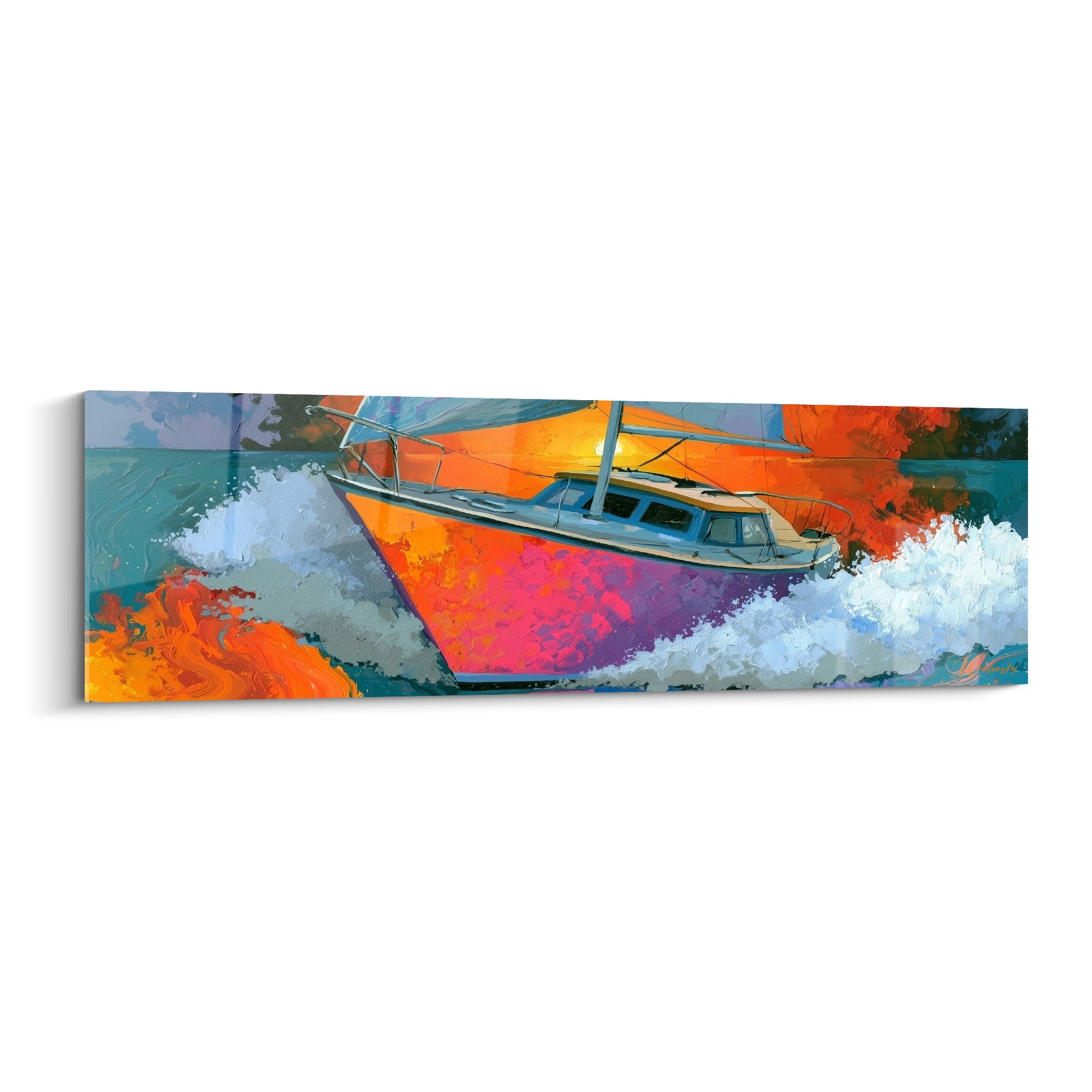 Voilier fuchsia et orange fendant une vague turquoise, tableau bateau abstrait aux touches fauves