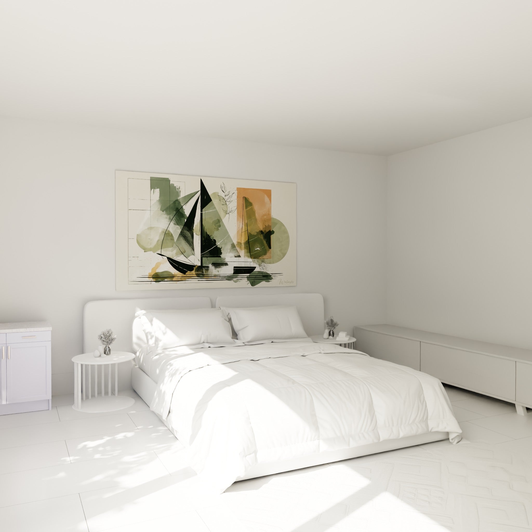 Voilier graphique aux teintes vert sauge et terracotta, au-dessus d'un lit dans une chambre claire