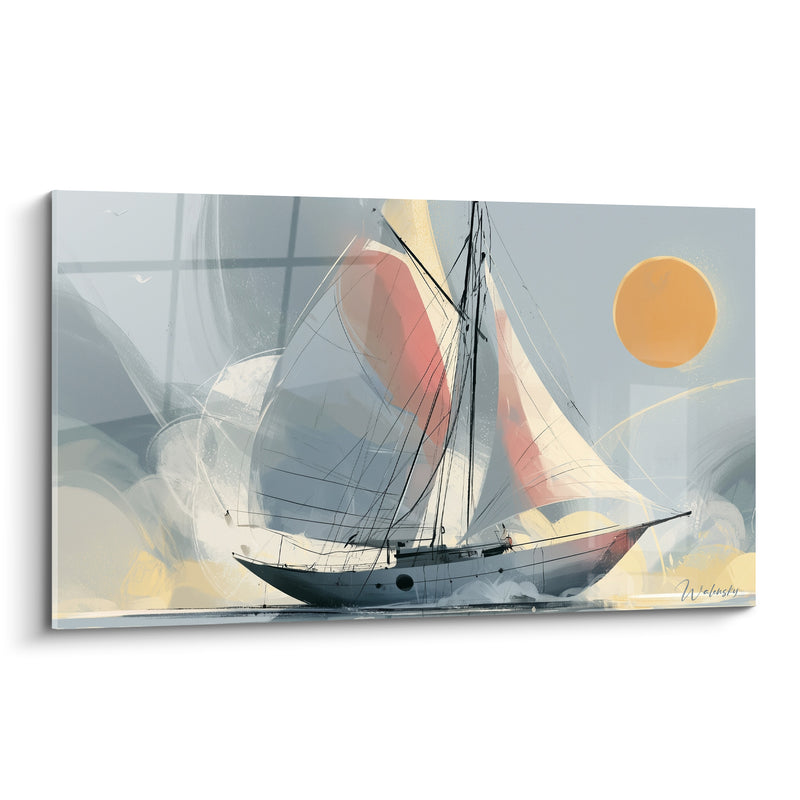 Tableau Voilier gris et corail au soleil ocre - Cap au large - Edition Bateau abstrait