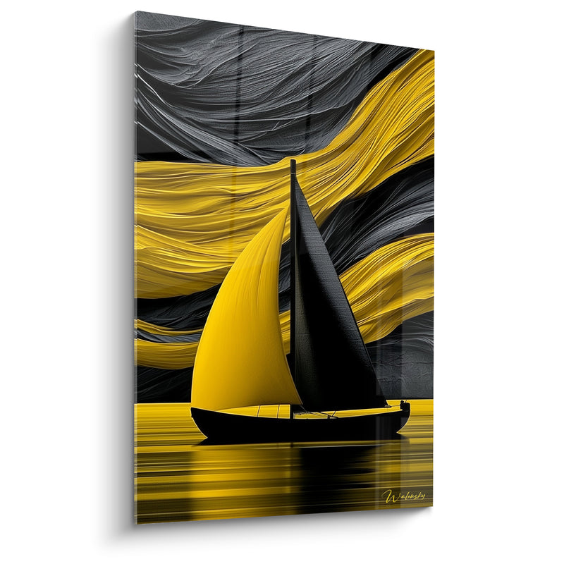 Tableau Voilier noir et jaune aux mèches tourbillonnantes - Reflet ondulant sur l'eau - Edition Bateau abstrait
