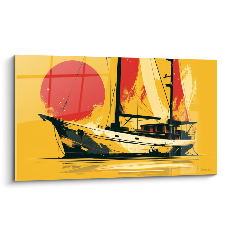 Tableau Voilier jaune et rouge au soleil couchant - Départ vers le large - Edition Bateau abstrait
