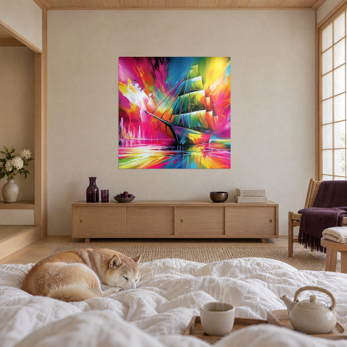Cuadro barco de velas flamígeras, casco magenta y cielo naranja, encima de una cama en un dormitorio luminoso, Shiba tumbado
