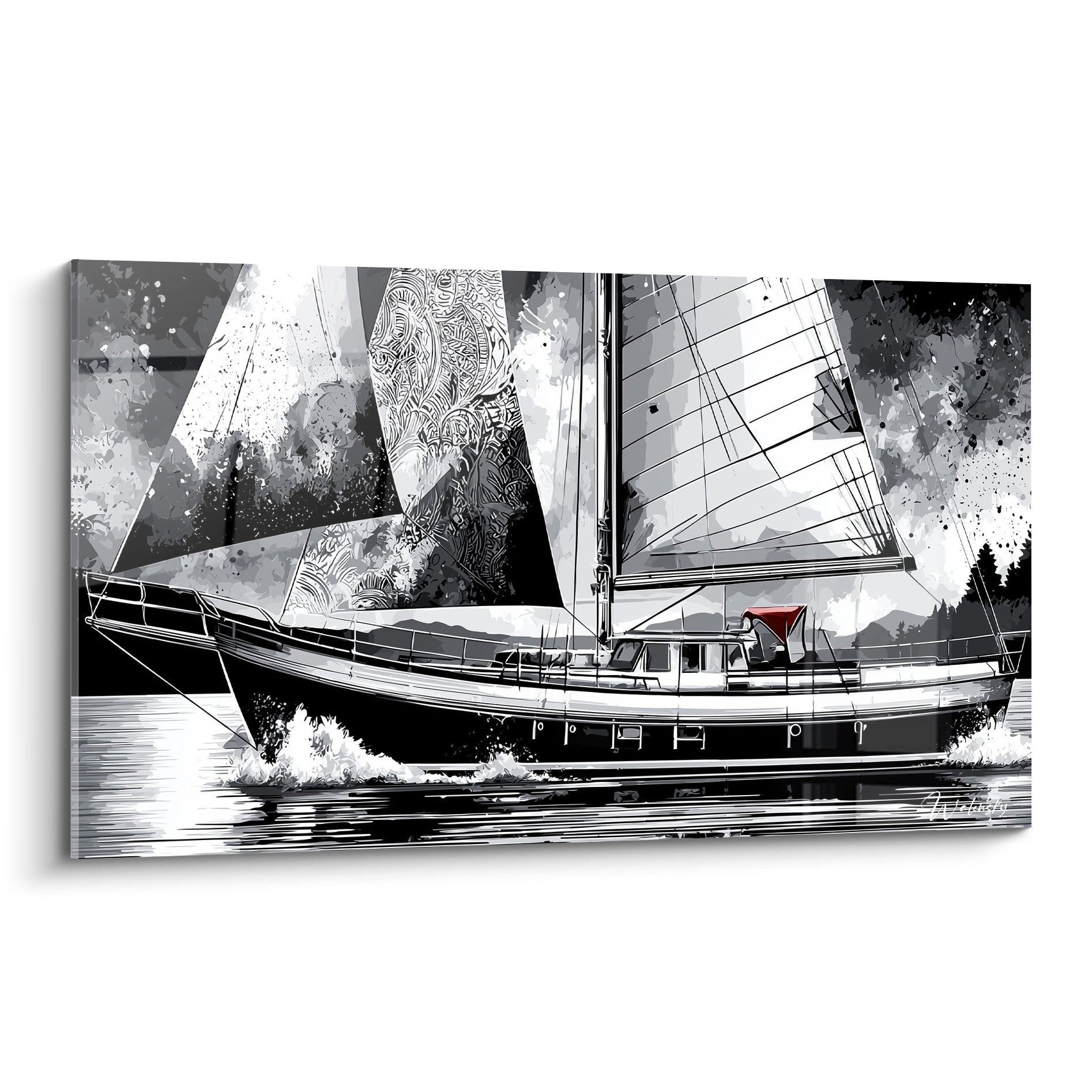 Voilier noir et blanc aux voiles ornées, écume blanche jaillissant sous la coque sombre