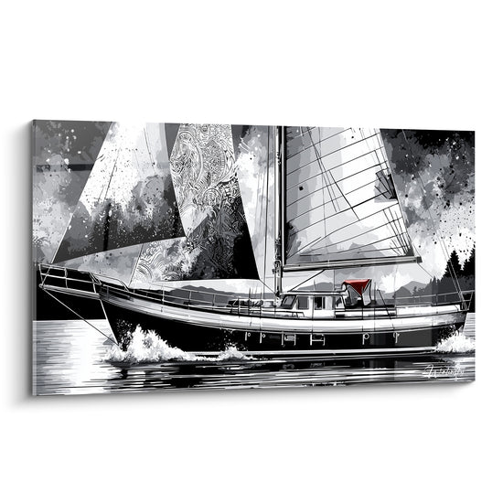 Voilier noir et blanc aux voiles ornées, écume blanche jaillissant sous la coque sombre