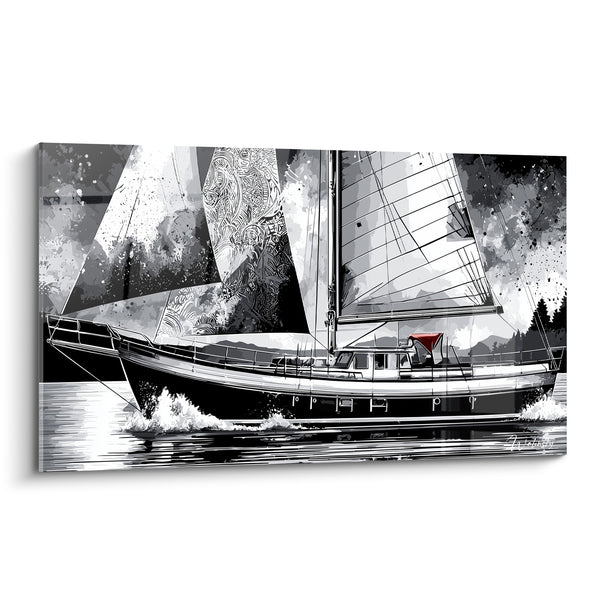 Black and White Sailboat Painting with Adorned Sails - Red Tarp on Deck - Abstract Boat Edition