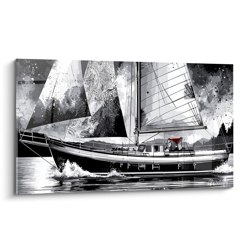 Tableau Voilier noir et blanc aux voiles ornementées - Bâche rouge sur pont - Edition Bateau abstrait