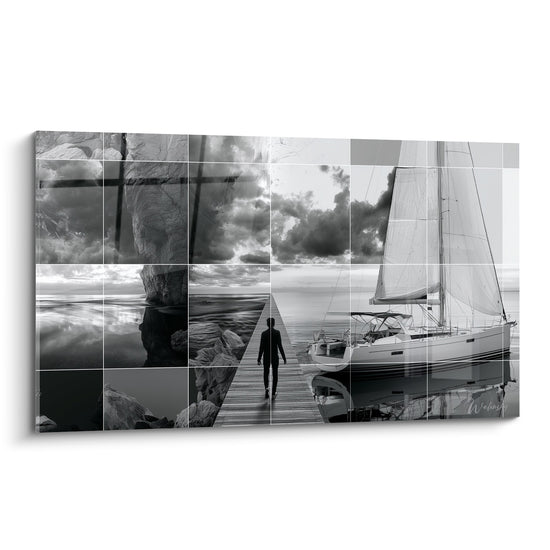 Silhouette noire marchant vers un voilier blanc, ciel gris et mer argentée en damier photographique