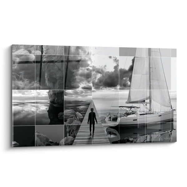 Black and White Sailboat on Fragmented Pontoon - Suspended Moment Before Departure - Abstract Boat Edition