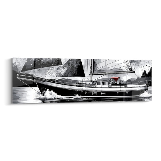 Voilier noir et blanc aux voiles graphiques, coque sombre fendant l'écume, touche rouge au cockpit