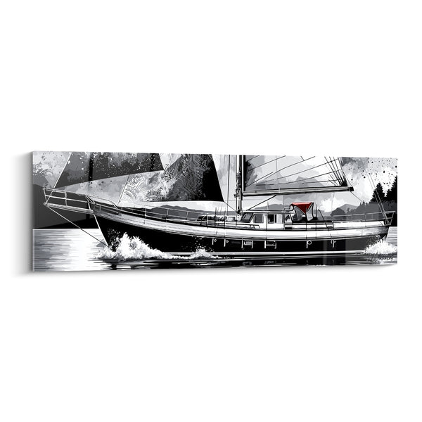 Cuadro de Velero Blanco y Negro con Velas Gráficas - Cruce Congelado - Edición Barco Abstracto