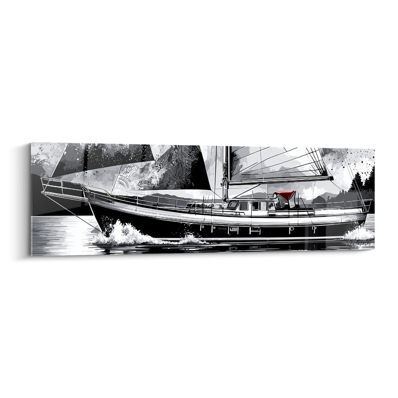 Tableau Voilier noir et blanc aux voiles graphiques - Traversée figée - Edition Bateau abstrait