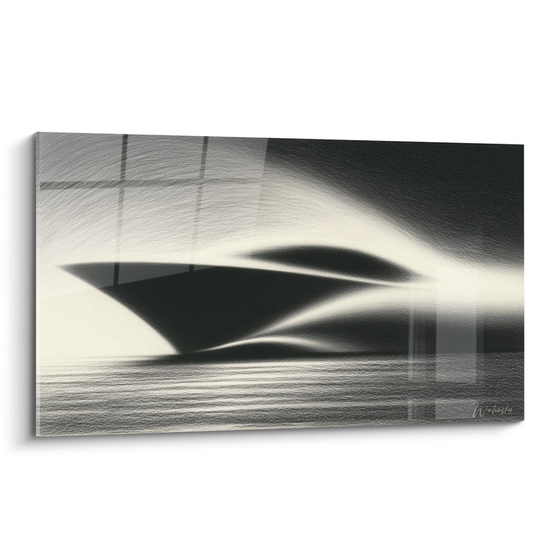 Tableau Voilier noir et blanc aux quadrillages fantomatiques - Halo brumeux diffus - Edition Bateau abstrait
