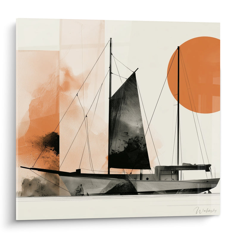 Tableau Voilier noir soleil orange - Escale silencieuse - Edition Bateau abstrait