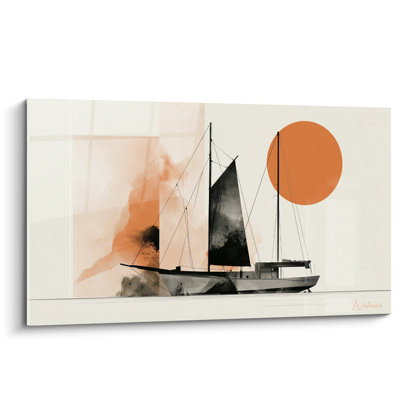 Black Sailboat in the Sunlight Terracotta Painting - Silent Departure - Abstract Boat Edition