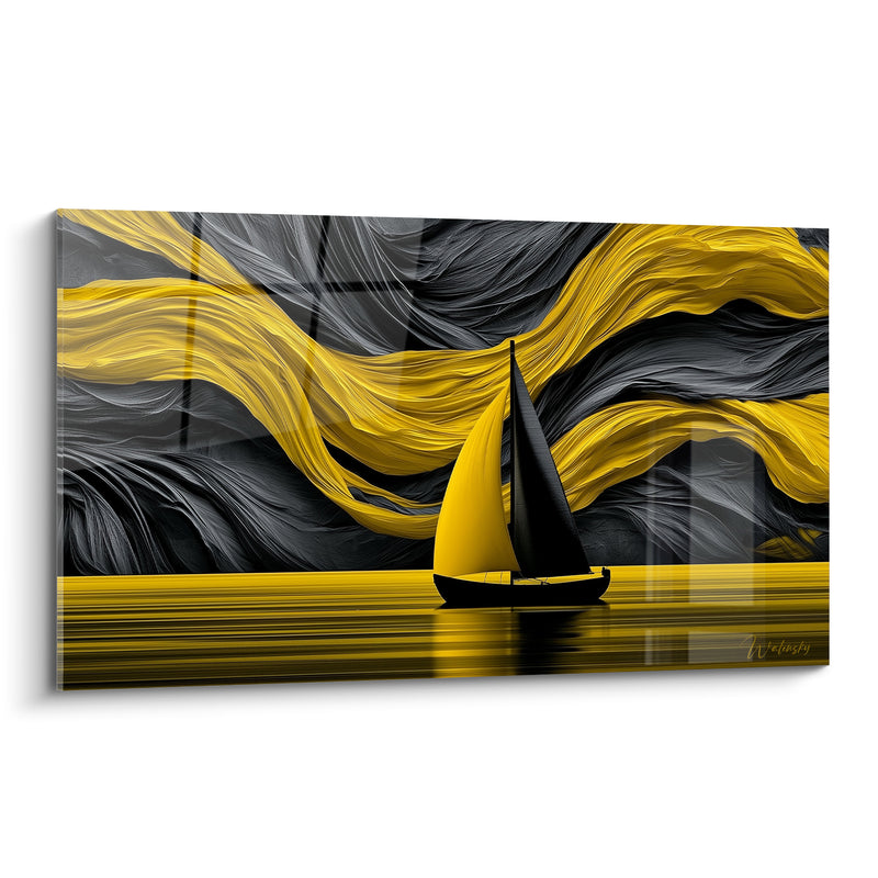 Tableau Voilier noir aux vagues jaunes et anthracite - Traversée solitaire - Edition Bateau abstrait