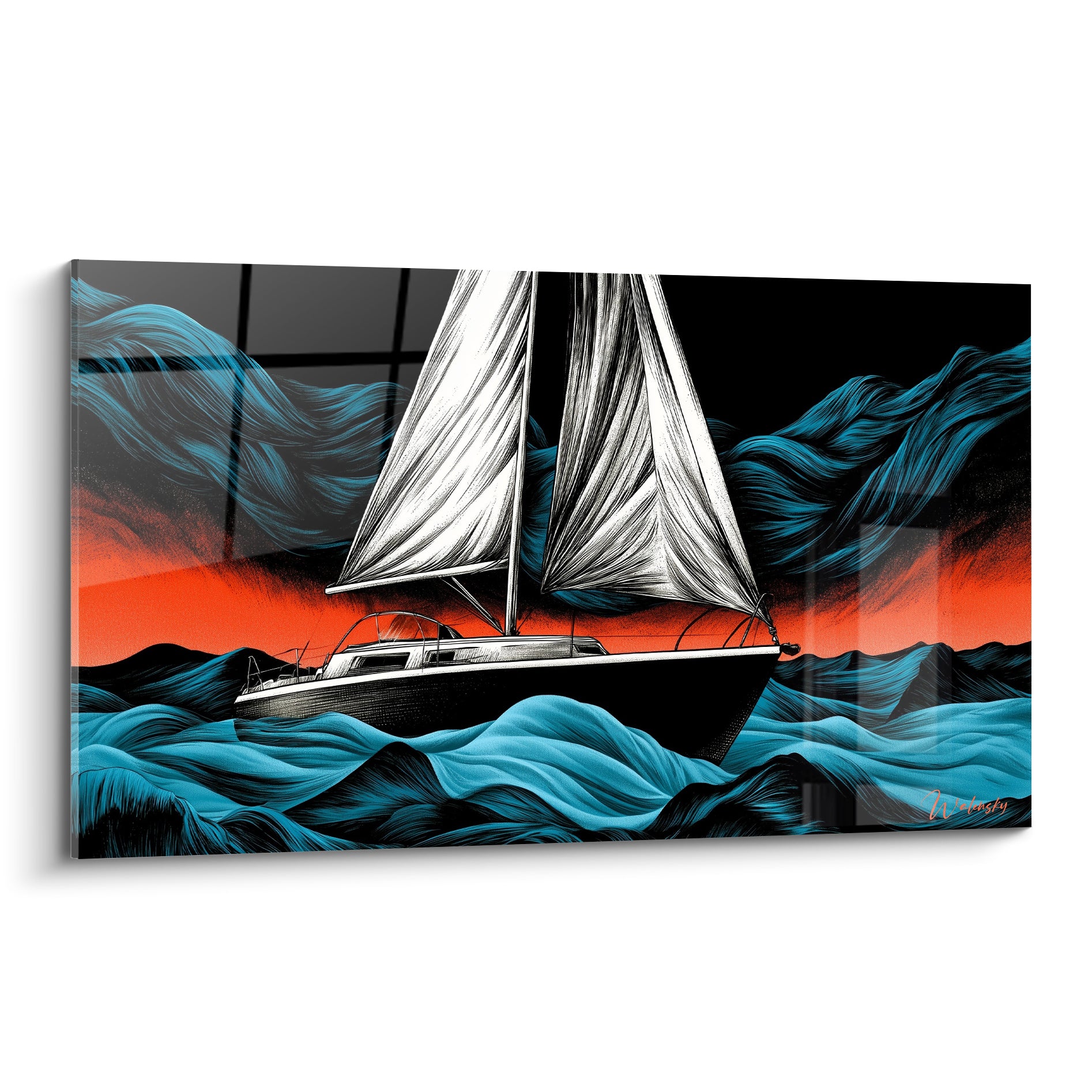 Voilier noir et blanc aux voiles graphiques fend des vagues bleu turquoise sous un ciel orange, tableau bateau abstrait