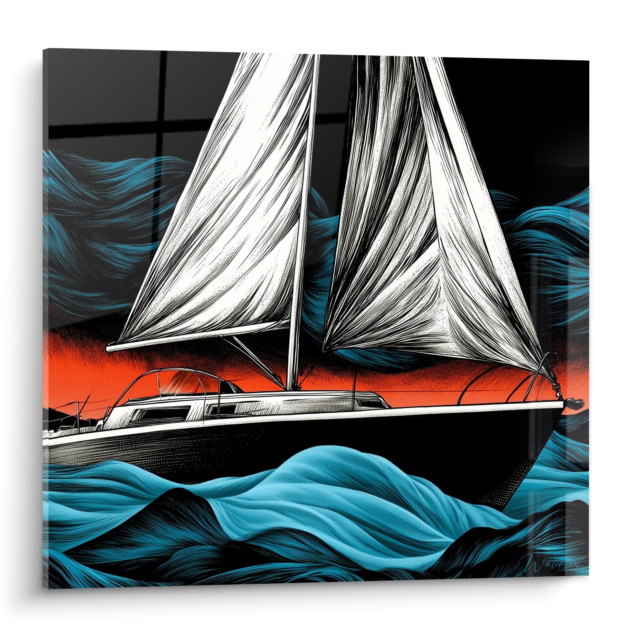 Voilier noir aux voiles blanches fendant des vagues turquoise, tableau bateau abstrait sur fond orange