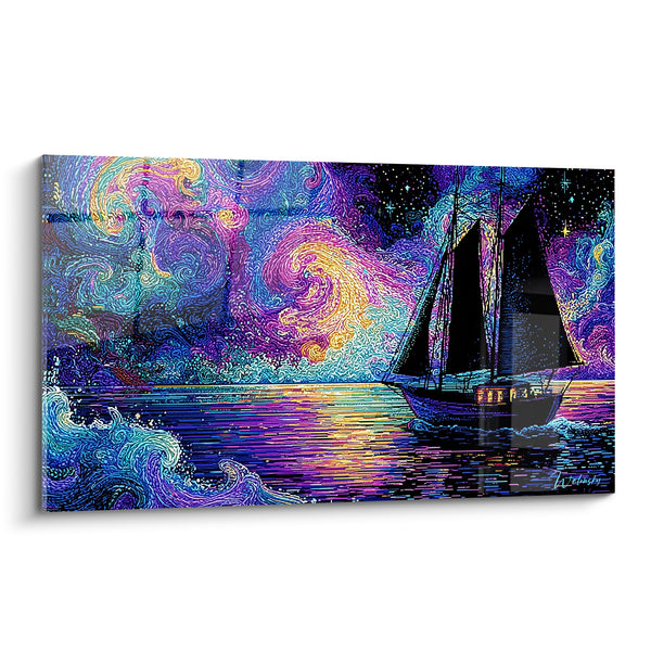 Black Sailboat Painting with Purple and Gold Sails Under a Swirling Sky - Illuminated Cabin Windows - Abstract Boat Edition