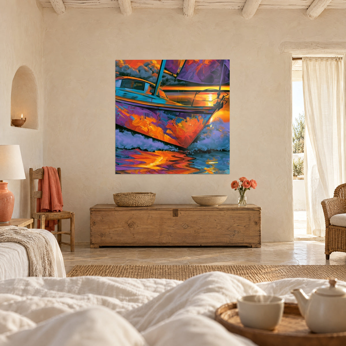 Wall art sailboat hull in blazing orange and violet, golden reflections on the water, above a bed in a light bedroom