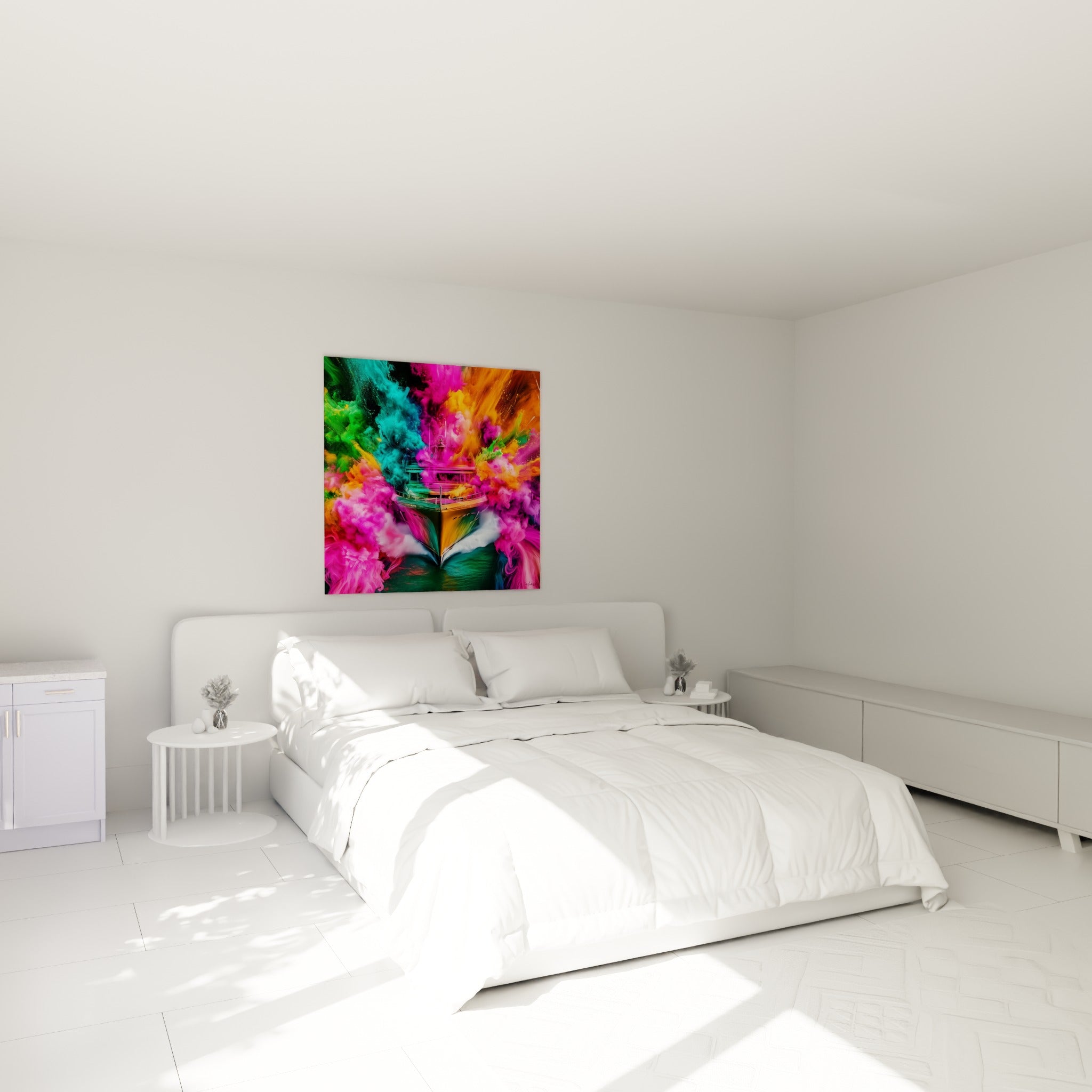 Voilier abstrait aux nuages orange et magenta, accroché au-dessus d'un lit dans une chambre claire