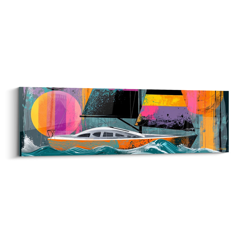 Tableau Voilier orange et turquoise sous double disque rosé - Cabine blanche vitrée - Edition Bateau abstrait