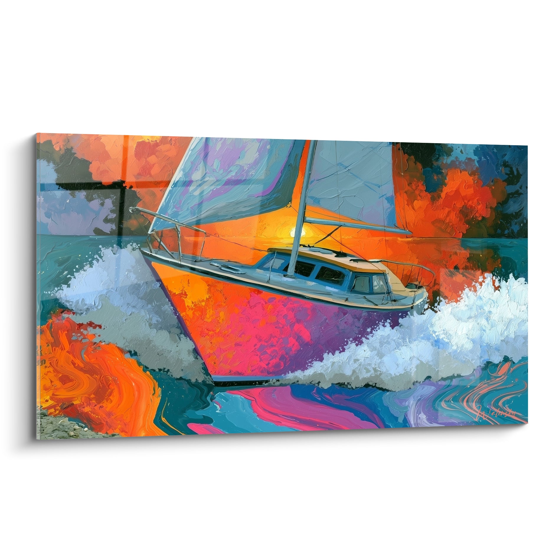 Voilier orange et turquoise fendant une vague écumeuse sous un ciel embrasé, tableau bateau abstrait