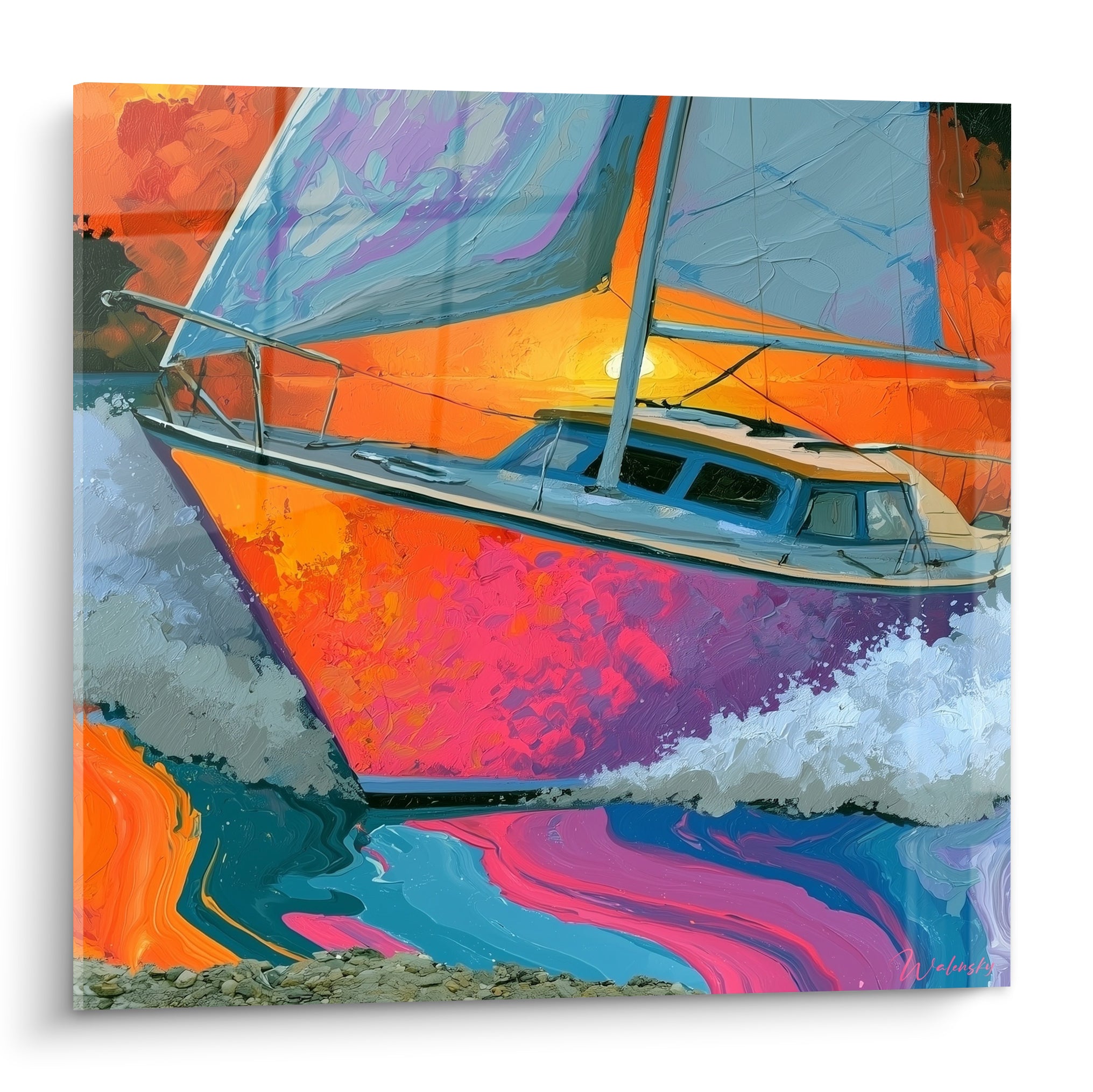 Voilier orange et rose fendant une vague turquoise, peinture expressionniste au coucher de soleil