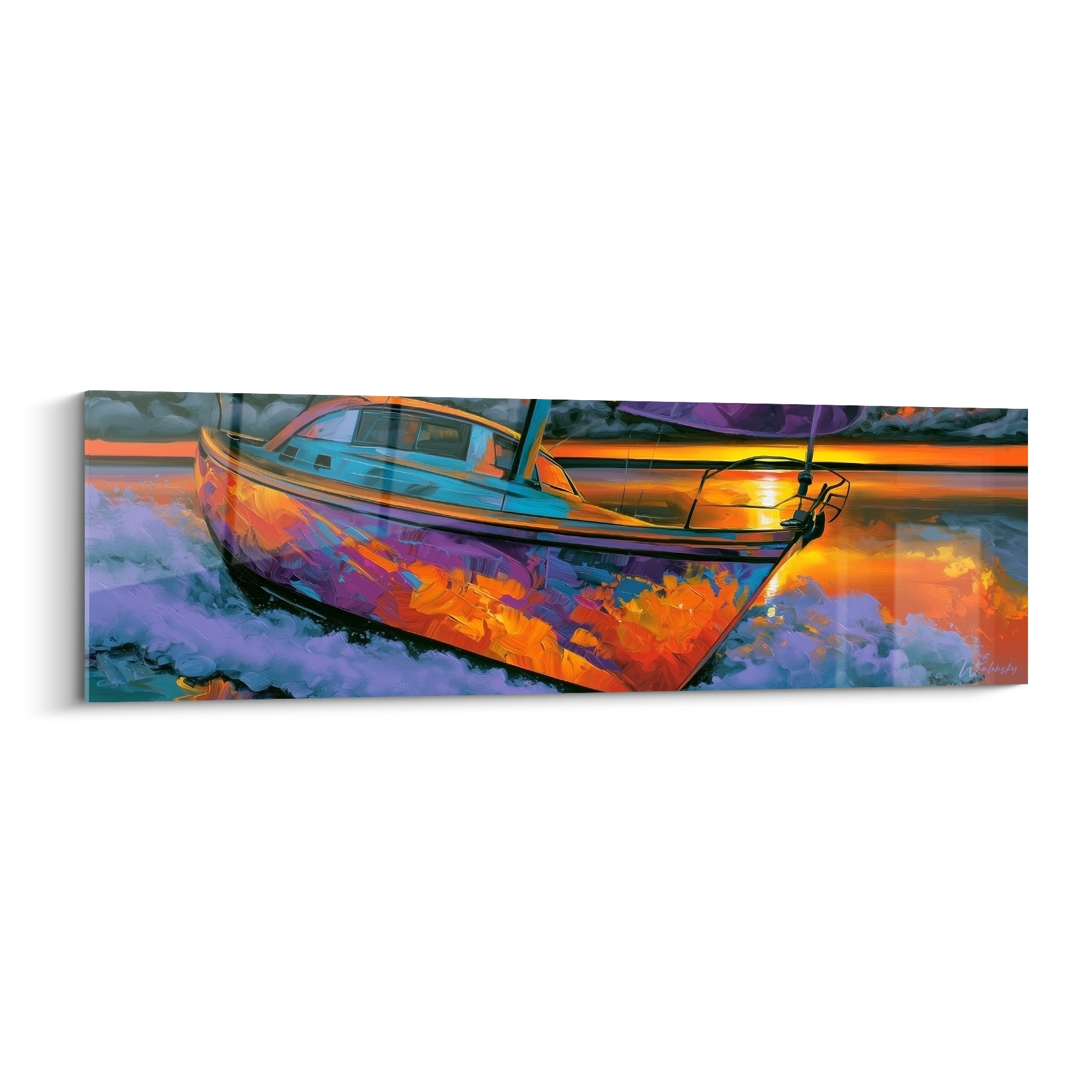 Voilier orange et violet fendant les vagues sous un coucher de soleil doré, tableau bateau abstrait