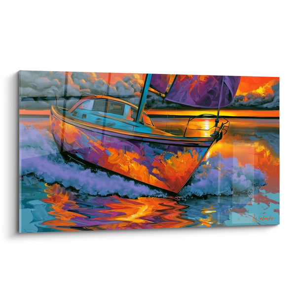 Cuadro de Velero Rompiendo Olas Naranja y Violetas - Furia del Gran Mar - Edición Barco Abstracto