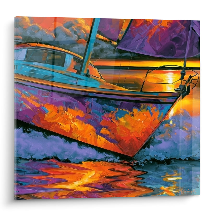 Segelboot-Leinwand orange und violett durchbrechend die Wellen - Marine Glut - Abstrakte Bootsedition